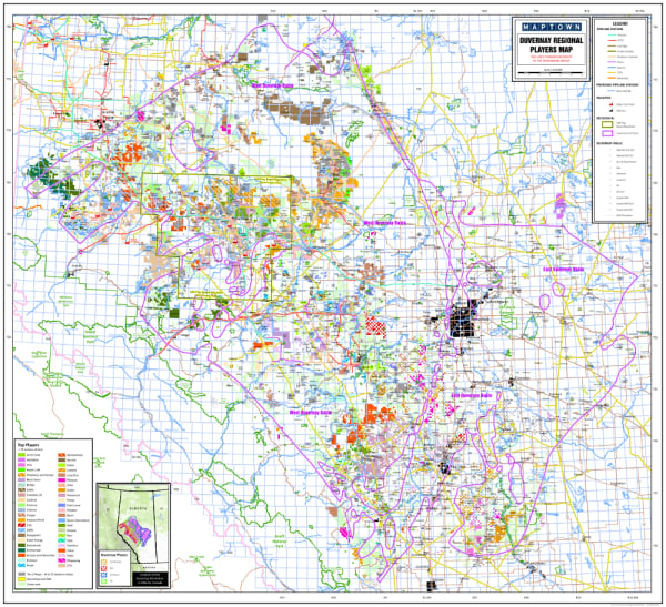 Duvernay Regional Oil and Gas Players map - Alberta. This Regional Players map covers both the East and West Duvernay Basins in Alberta. It extends from Township 36-81 Range 8 W4 to Range 13 W6. It includes current Duvernay Disposed Subsurface Crown Land