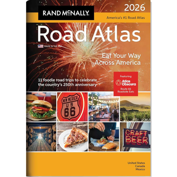 Front cover of the Rand McNally 2026 Road Atlas featuring culinary road trips.