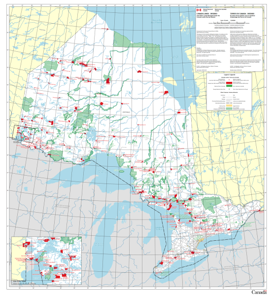 Ontario First Nations & National Parks Wall map. This detailed base map of Ontario showcases current First Nation Reserves (Indigenous Nations) and National Parks. Also depicts places, roads, railroads, boundaries, built up area and finally protected area