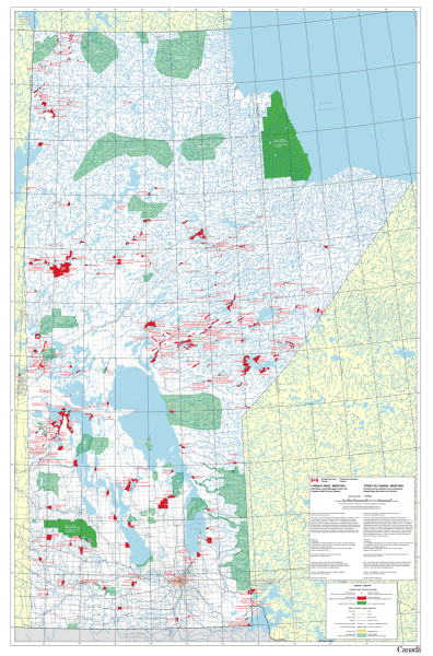 Manitoba First Nations & National Parks Wall map. This detailed base map of Manitoba showcases current First Nation Reserves (Indigenous Nations) and National Parks. Also depicts places, roads, railroads, boundaries, built up area and finally protected ar
