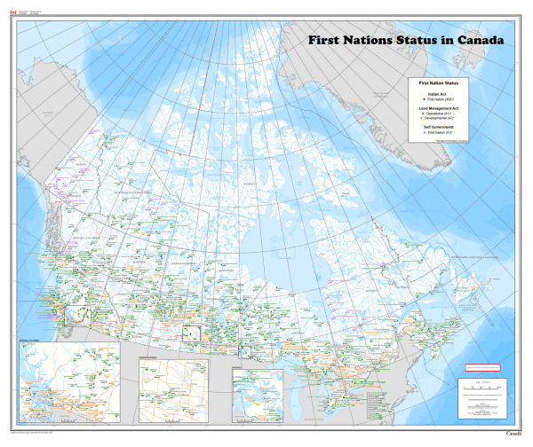 The definitive wall map of First Nation Reserves in Canada. Details every reserve, name, number, and legal status (Indian Act, Self-Government, Land Management).