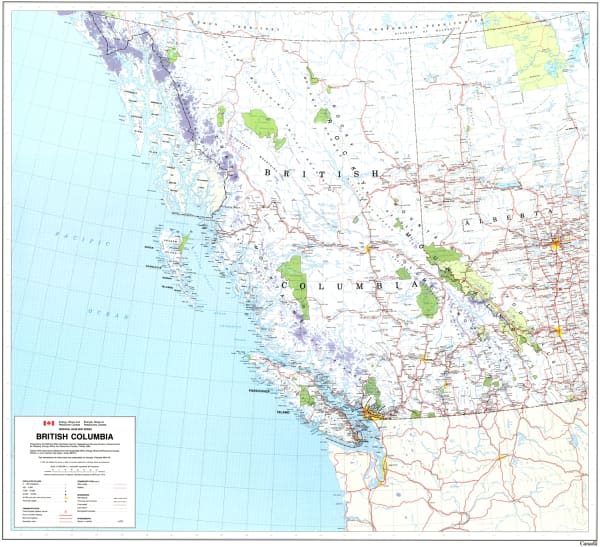 British Columbia Provincial Base Map 1:2,000,000. This detailed base map of BC shows primary and secondary highways, rivers, lakes, and other waterways, cities, towns, villages, airports, political boundaries, latitude and longitude grids. Includes a larg