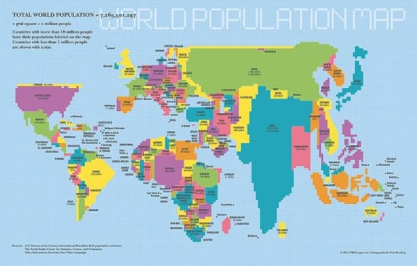ODT World Population Map Placemat 11x17 showing countries sized by population count with a 1 million people per square grid.