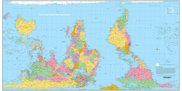 The definitive Hobo-Dyer Equal Area Map shows true land sizes. Two-sided design features North-Up (Africa-centered) and South-Up (Australia-centered) to challenge global bias.