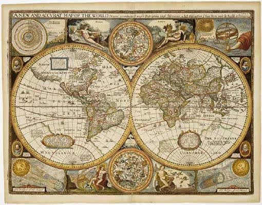 World Antique Wall Map - 1651 reproduction. This is an excellent antique style wall map of the world. It is a reprint of a 1651 original drawing. It includes antique style cartography, Northern and Southern celestial star charts, diagrams of the eclipse o