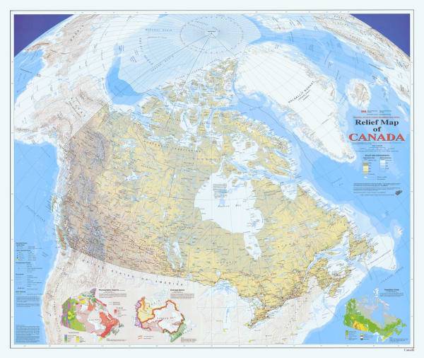 Explore Canada's topography with the official NRCan Relief Map (MCR 0101). Features detailed shaded relief, bathymetric tints, and the 1999 Nunavut boundaries in a unique perspective projection.