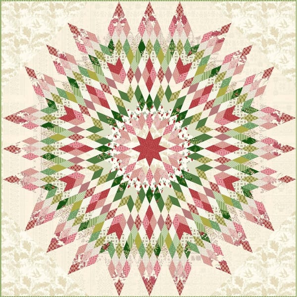 Amaryllis  Quilt Pattern by Laundry Basket Quilts shows a large lone star quilt variation in cream pink and green that would liven up your holiday dÃ©cor.