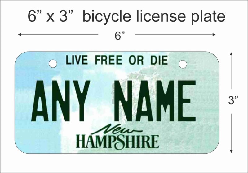 New Hampshire state Mini License Plate for Bicycles, Bikes, Wheelchairs, Golf Carts personalized for you. can also be used as a door sign.