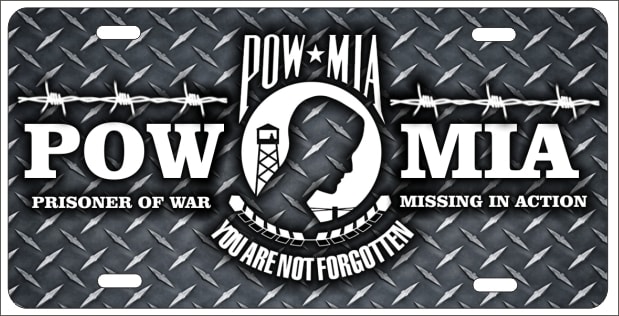 POW MIA on faux diamond plate novelty front license plate decorative aluminum car tag