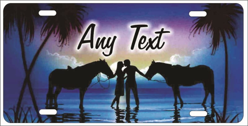 Couple on the beach with horses blue personalized novelty Front license plate for lovers Decorative Vanity Car Tag