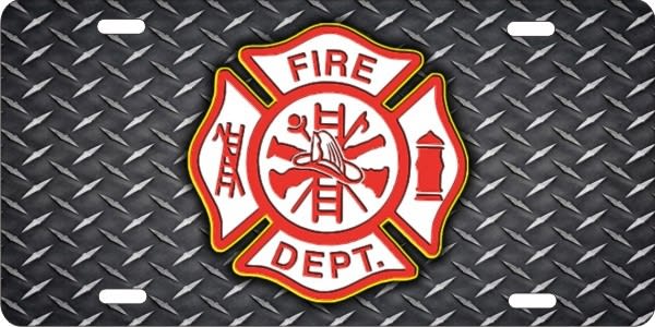 personalized novelty license plate Fire Dept Maltese cross on diamond plate (NOT 3D)