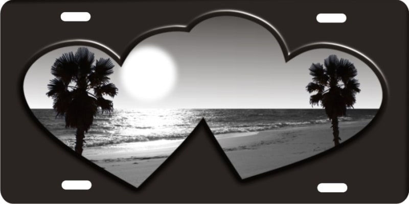 grey beach scene inside double hearts personalized novelty license plate for lovers