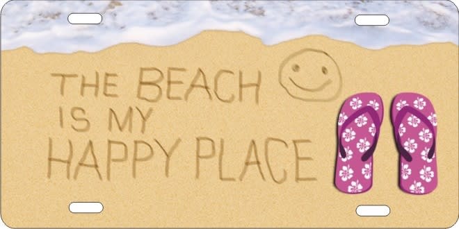 The Beach is My Happy Place Smiley Face and Flipflops in the sand personalized novelty front license plate decorative vanity car tag