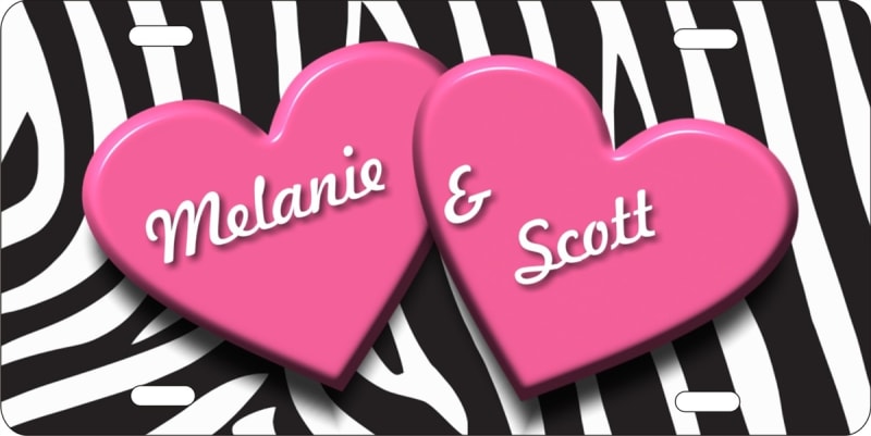personalized novelty license plate two pink hearts on zebra stripes car tag Custom License Plates, Personalized License Plates, Decorative License Plates, Front License Plates, Car Tags, airbrush