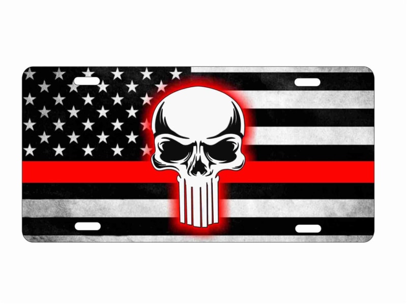 Thin red Line skull on American flag background personalized novelty front license plate Decorative Vanity Car Tag