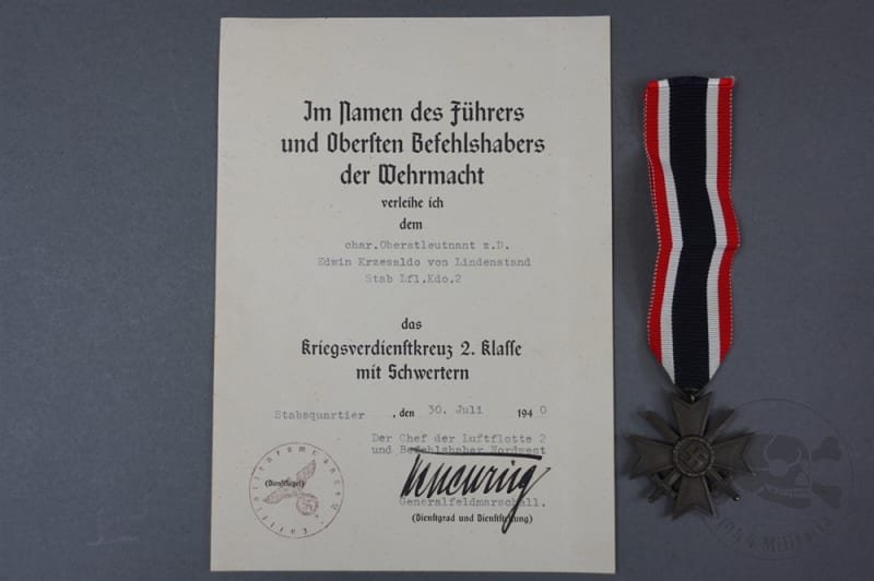 Original German WWII Award Document & Medal War Merit Cross 2nd Class With Swords Signed by Generalfeldmarschall Kesselring