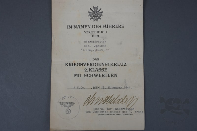 Original German WWII Award Document War Merit Cross 2nd Class With Swords
