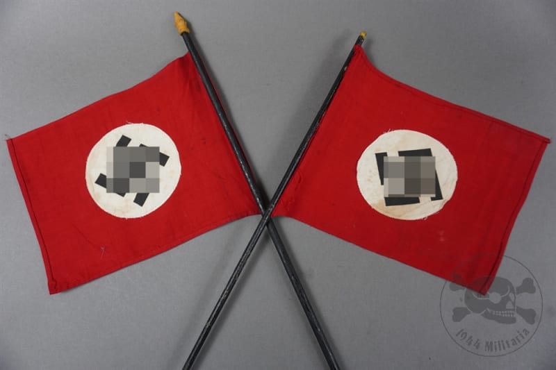 Original German WWII National Hand Flags on Wooden Poles