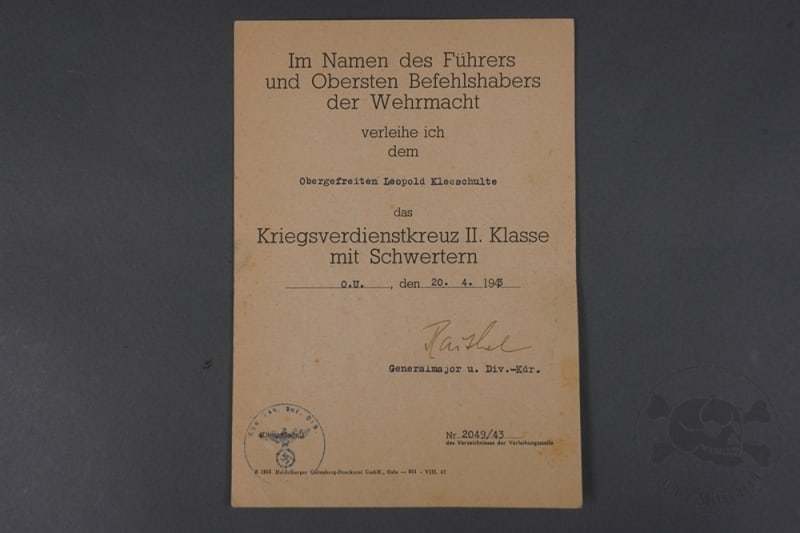 Reproduction War Merit Cross 2nd Class with Swords (Kriegsverdienstkreuz II. Klasse mit Schwertern) Award Certificate Dated 1943
