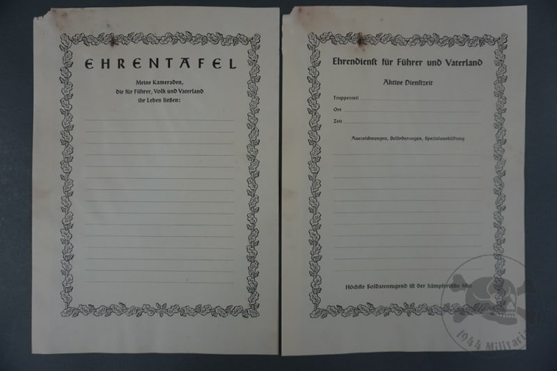 Original German WWII Blank â€œEhrentafelâ€ Honor Roll / Service Record Pages