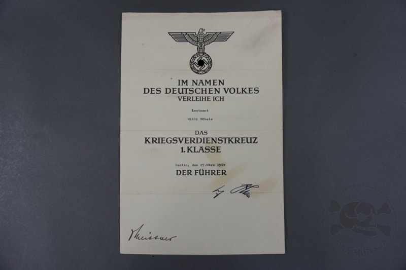 Reproduction German WWII War Merit Cross 1st Class (Kriegsverdienstkreuz 1. Klasse) Award Certificate Dated 1942