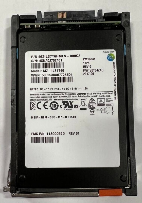 EMC 118000520 7.68TB 2.5" 12Gb SAS SSD 005052112 w/ Caddy. BULK. IN STOCK.