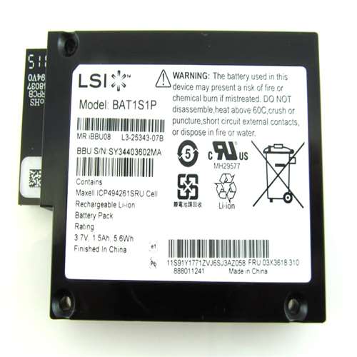 LSI LOGIC L3-25343-07B LSI-IBBU08 MEGARAID 3.7V 1.59AH 5.6WH BATTERY BACKUP UNIT FOR LSI 9260, 9261, AND 9280 SERIES CONTROLLERS. SYSTEM PULL. IN STOCK. (GROUND SHIP ONLY)