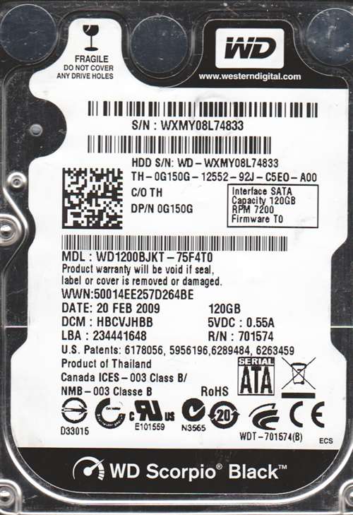 WESTERN DIGITAL WD1200BJKT WD SCORPIO BLACK 120GB 7200RPM SATA-II 16MB BUFFER 2.5INCH INTERNAL NOTEBOOK DRIVES. REFURBISHED. IN STOCK.