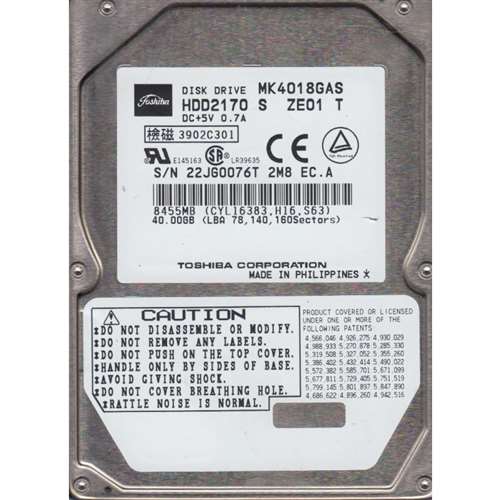 TOSHIBA HDD2170 40GB 4200RPM 2MB BUFFER 9.5 MM 2.5INCH ULTRA ATA-100 44-PIN INTERNAL NOTEBOOK HARD DRIVE. REFURBISHED. IN STOCK.