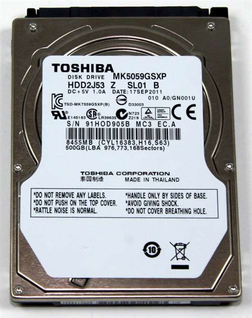 TOSHIBA MK5059GSXP 500GB 5400RPM 8MB BUFFER SATA-II 2.5INCH NOTEBOOK DRIVE. REFURBISHED. IN STOCK.
