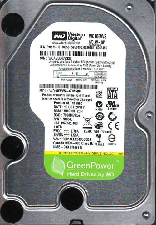 WESTERN DIGITAL WD10EVVS WD AV-GP 1TB 7200RPM INTELLIPOWER SATA-II 8MB BUFFER 3.5INCH LOW PROFILE (1.0 INCH) INTERNAL HARD DISK DRIVE. REFURBISHED. IN STOCK.