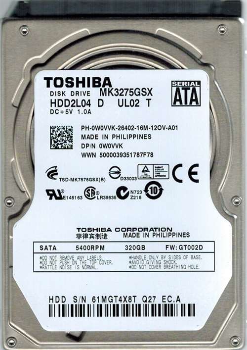 TOSHIBA HDD2L04 320GB 5400RPM 8MB BUFFER 2.5INCH SATA-II HARD DISK DRIVE. REFURBISHED. IN STOCK.