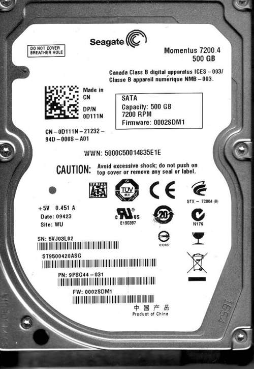 SEAGATE ST9500420ASG MOMENTUS 500GB 7200 RPM SATA-II 16MB BUFFER 2.5INCH FORM FACTOR INTERNAL HARD DISK DRIVE. REFURBISHED. IN STOCK.