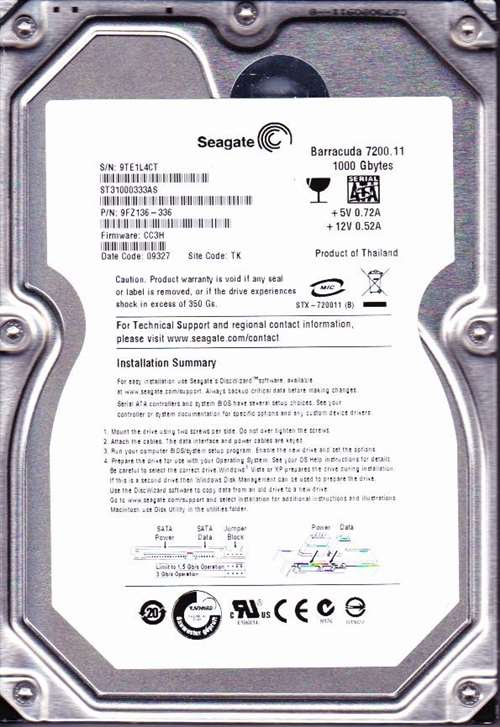 SEAGATE BARRACUDA ST31000333AS 1TB 7200RPM SERIAL ATA-300 (SATA-II) 3.5INCH FORM FACTOR 32MB BUFFER INTERNAL HARD DISK DRIVE. REFURBISHED. IN STOCK.