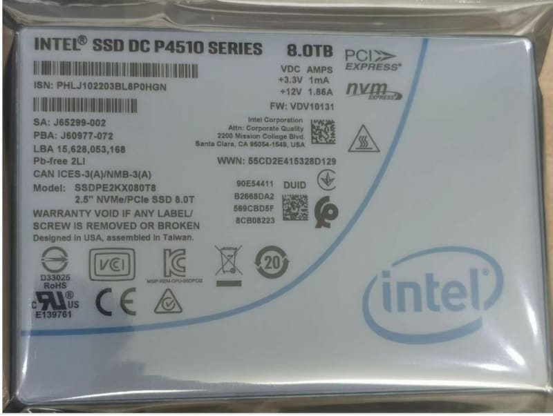 Intel SSDPE2KX080T8 P4510 8TB 2.5'' NVMe U.2 SSD. BULK. IN STOCK.