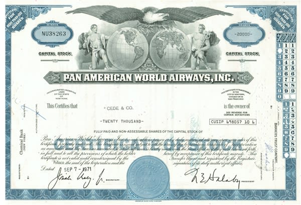 Pan Am Pan American World Airways Stock Certificate (Blue) Pan Am Pan American World Airways Stock Certificate (Blue)