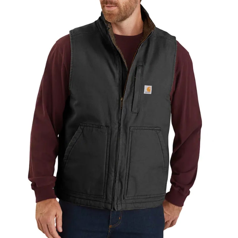 Carhartt Washed Duck Sherpa Lined Mock Neck Vest 104277 men's duck canvas work vest with Sherpa fleece lining and multiple utility pockets