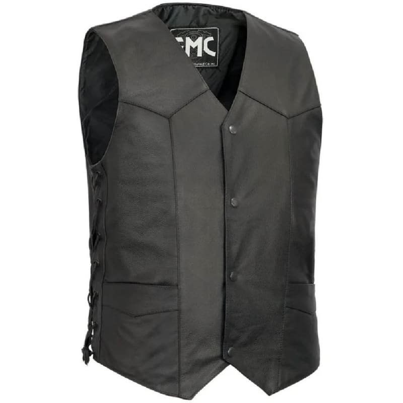 Men's black cowhide western leather vest with side laces and 4-button snap closure, style FMM602BM