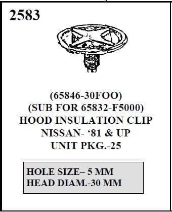 W-E 2583 HOOD INSULATION CLIP, 30MM HEAD DIAM. 5MM HOLE, NISSAN 81 AND UP