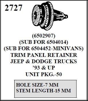 W-E 2727 Trim Panel Retainer, Jeep & Dodge Trucks