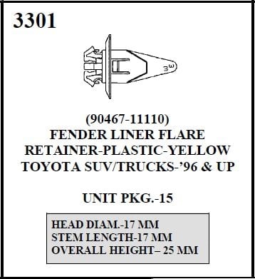 W&E 3301 Fender Liner Flare Retainer, Plastic Yellow, Toyota SUV/Trucks