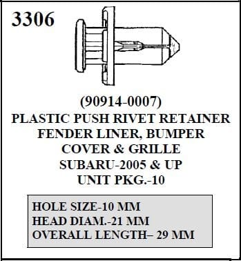 W-E 3306 Plastic Push Rivet Retainer, Fender Liner, Bumper Cover & Grille, Subaru