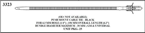 W-E 3323 Push Mount Cable Tie-Black, For 6.3mm Hole(1/4"), Diameter Limit-30mm, GM & Universal