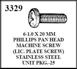 W-E 3329 Phillips Pan Head Machine Screw, 6-1.0 by 20mm, License Plate Screw, Stainless Steel
