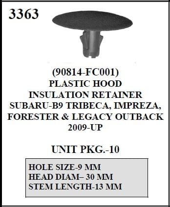 W-E 3363 Plastic Hood Insulation Retainer, Subaru B9, Tribeca, Impreza, Forester, & Legacy Outback