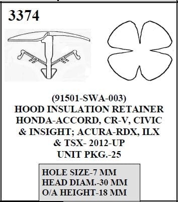 W-E 3374 Hood Insulation Retainer, Honda-Accord, CR-V, Civic, & Insight, Acura-RDX, ILX, & TSX