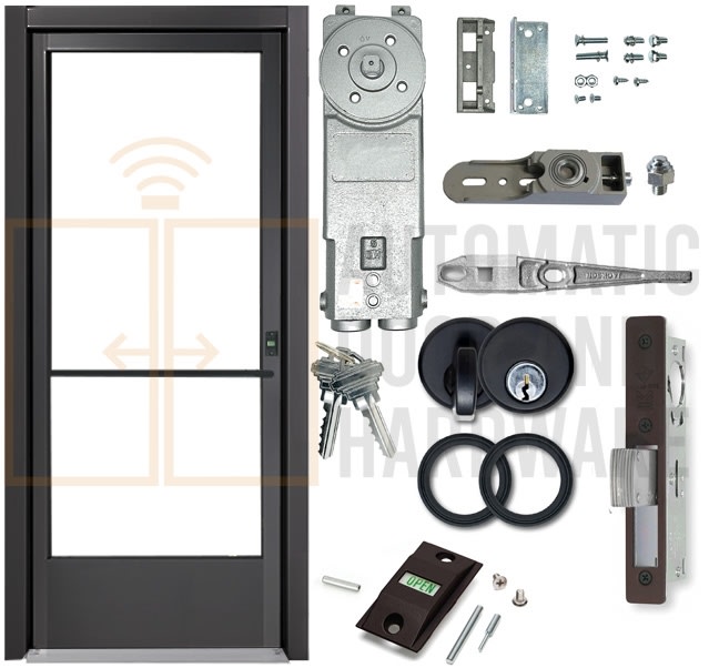 Alum-Lite (3070) 36 in. x 84 in. Left Hand Commercial Storefront Door and Frame, Double Acting ADA Entrance (Door Swings In or Out), Includes Concealed Closer, Black Bronze Anodized, Glass Not Included