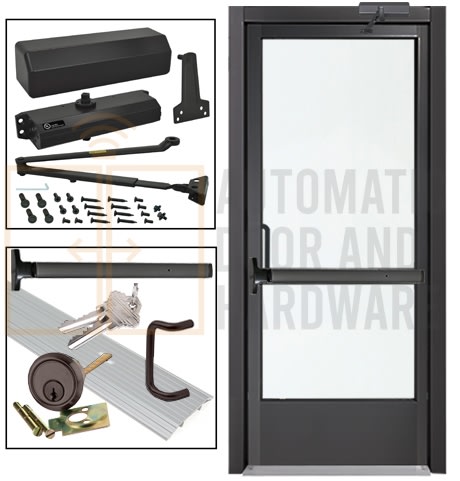 Alum-Lite 36 in. x 80 in. Right Hand ADA Commercial Glass Narrow Stile Storefront Door and Frame, Single Pane 1/4 in. Tempered Glass, Includes Surface Closer, Pivot Set, CVR Panic Bar, and Threshold, Dark Bronze Anodized