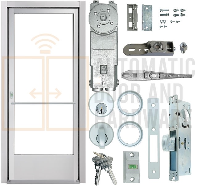 Alum-Lite Quick Ship 36 in. x 84 in. Right Hand ADA Commercial Narrow Stile Center Pivot Storefront Door and Frame, 1/4 in. Glass Stops (Glass Not Included), Double Acting Inswing/Outswing, Includes Concealed Closer, Push Bars, Threshold, Clear Anodized Alum-Lite Quick Ship 36 in. x 84 in. Right Hand ADA Commercial Narrow Stile Center Pivot Storefront Door and Frame, 1/4 in. Glass Stops (Glass Not Included), Double Acting Inswing/Outswing, Includes Concealed Closer, Push Bars, Threshold, Clear Anodized