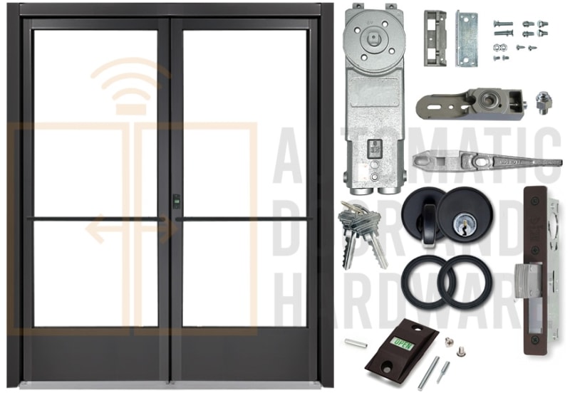 Alum-Lite Quick Ship 72 in. x 84 in. Commercial ADA Narrow Stile Storefront Double Door and Frame, 1/4 in. Glass Stops (Glass Not Included), Double Acting Inswing or Outswing, Includes Concealed Closer, Push Bars, Threshold, 3 Point Lock, Black Bronze
